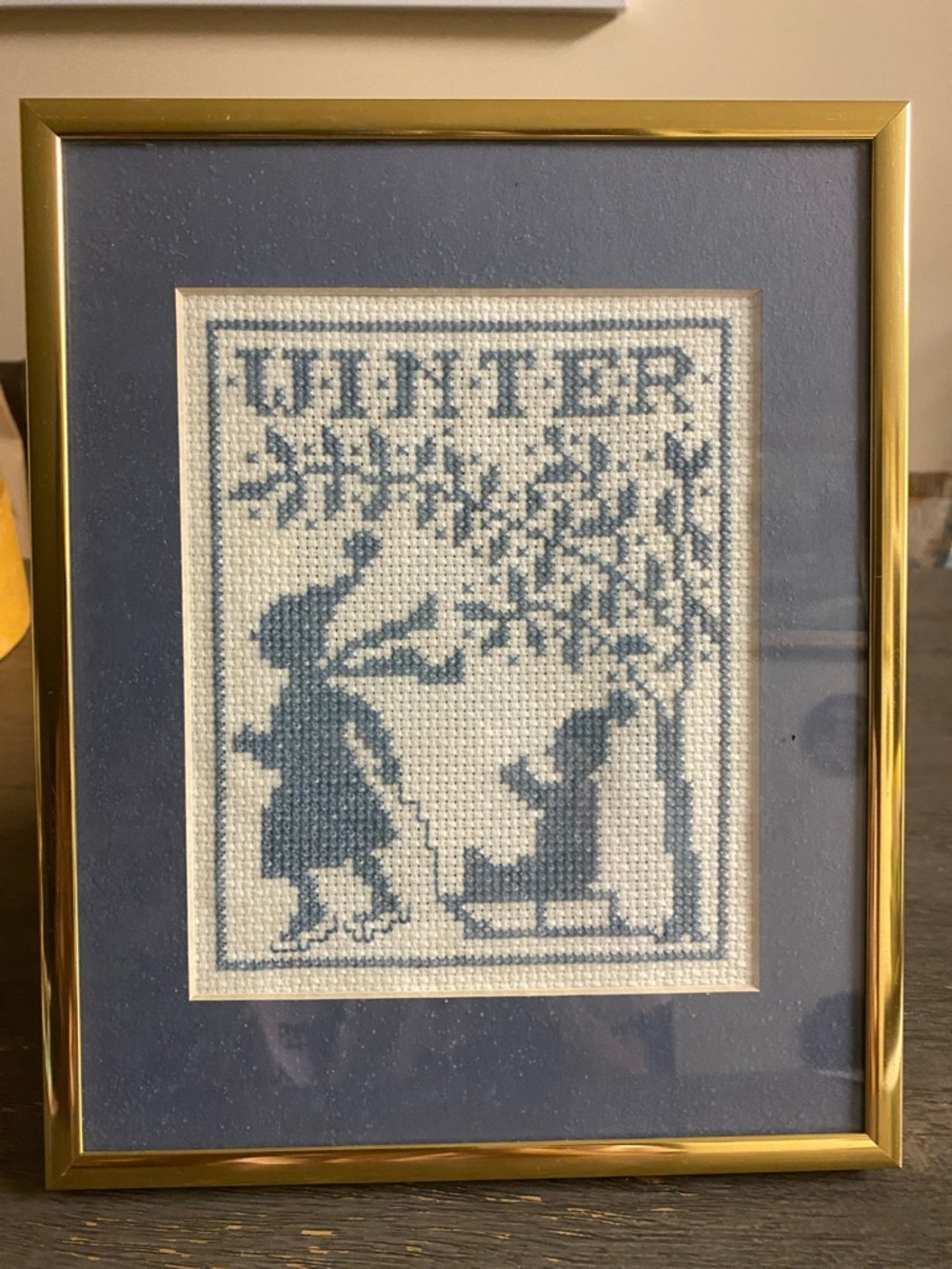 Framed Winter Vintage Cross-Stitch Wall Art